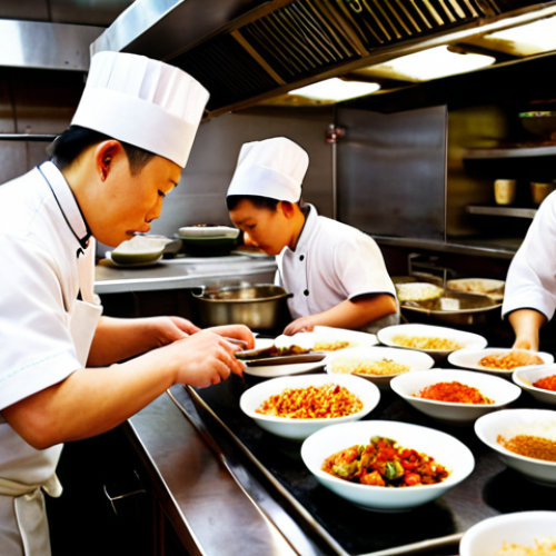 **A bustling Chinese restaurant kitchen:** Focus on a skilled Chinese cook expertly preparing dishes. Show the chef selecting fresh ingredients, cooking at the right temperature, and mixing spices. Capture the energy and fast-paced environment with teamwork.