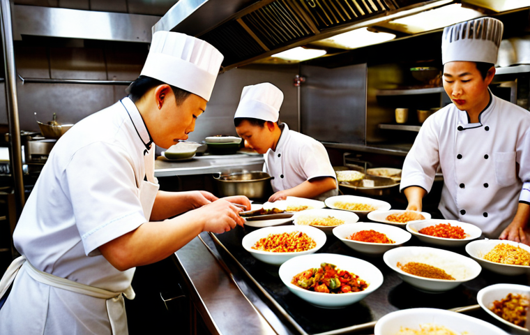 **A bustling Chinese restaurant kitchen:** Focus on a skilled Chinese cook expertly preparing dishes. Show the chef selecting fresh ingredients, cooking at the right temperature, and mixing spices. Capture the energy and fast-paced environment with teamwork.