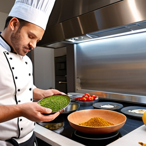 A contemporary chef, actively engaged in a well-lit, modern kitchen. The scene showcases an innovative fusion dish being prepared, with a clear emphasis on fresh, locally sourced ingredients to reflect sustainability and health-consciousness. Elements from diverse global cuisines are subtly incorporated, like vibrant herbs or unique spices on display. Subtle smart kitchen technology, such as a digital recipe display or a precision cooking device, can be seen in the background, highlighting the blend of tradition and innovation.