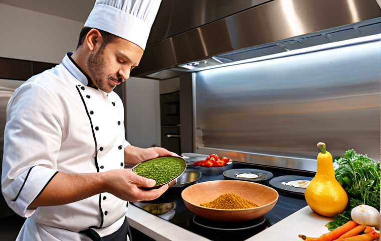 A contemporary chef, actively engaged in a well-lit, modern kitchen. The scene showcases an innovative fusion dish being prepared, with a clear emphasis on fresh, locally sourced ingredients to reflect sustainability and health-consciousness. Elements from diverse global cuisines are subtly incorporated, like vibrant herbs or unique spices on display. Subtle smart kitchen technology, such as a digital recipe display or a precision cooking device, can be seen in the background, highlighting the blend of tradition and innovation.