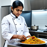 한식조리사로서 성공한 셰프 사례 - A professional female chef in a modern kitchen, fully clothed in chef's attire, preparing a traditio...