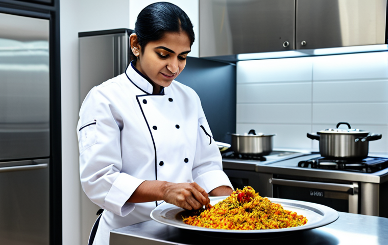 한식조리사로서 성공한 셰프 사례 - A professional female chef in a modern kitchen, fully clothed in chef's attire, preparing a traditio...