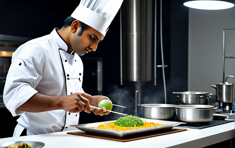 한식조리사로서 성공한 셰프 사례 - A chef carefully selecting fresh, local ingredients at a bustling Indian marketplace. Fully clothed ...