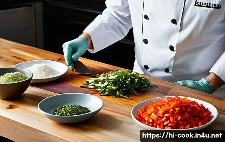 양식조리 실기 시험 채점 기준 - **Prompt:** "A highly detailed, professional overhead shot of a chef's mise en place on a clean stai...