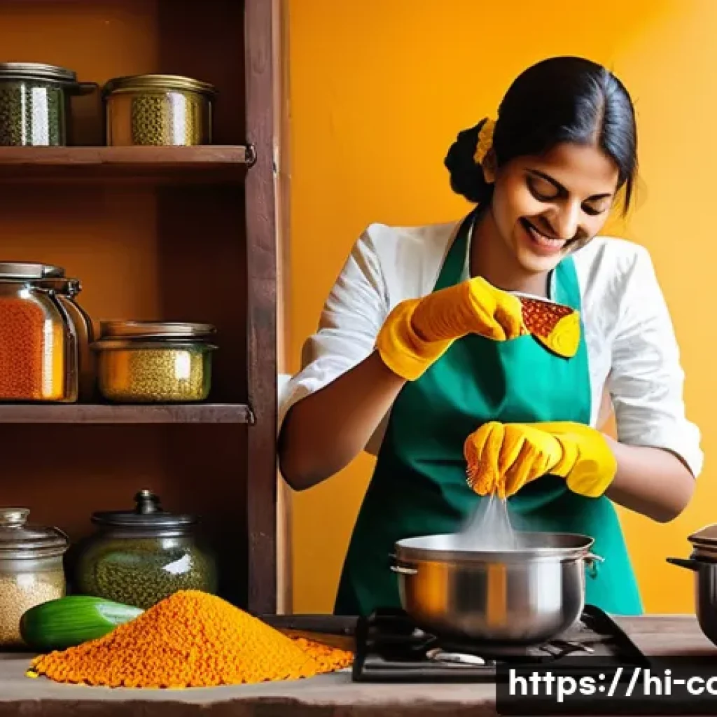 조리사 시험에서 자주 묻는 질문 - A bright, clean kitchen scene showcasing a young Indian woman wearing a colorful apron and modest cl...