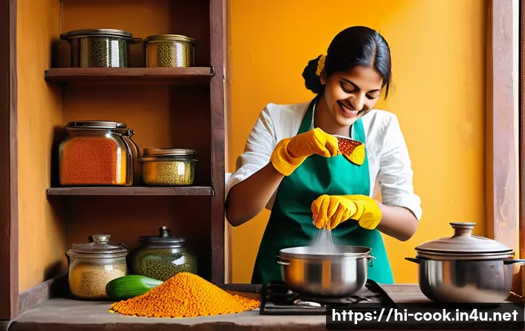 조리사 시험에서 자주 묻는 질문 - A bright, clean kitchen scene showcasing a young Indian woman wearing a colorful apron and modest cl...