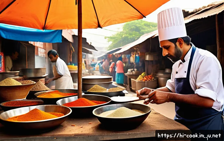 한식조리사와 창업의 연관성 - A passionate Indian street chef in a small, vibrant roadside kitchen wearing clean traditional India...