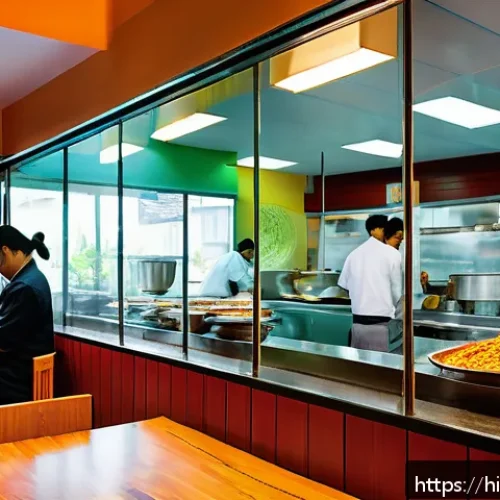 중식조리사 창업을 위한 체크리스트 - A vibrant Chinese restaurant interior located in a busy urban market area near offices and colleges,...