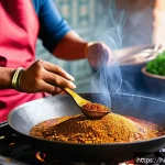 양식조리사 이론 필수 암기 사항 - A vibrant kitchen scene showcasing a skilled Indian cook carefully managing cooking temperatures and...