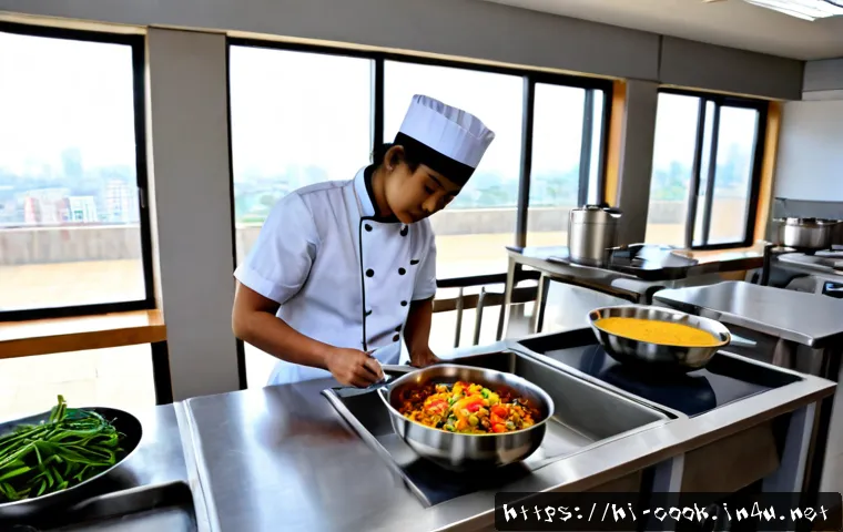 Home 24 한식조리 자격증 관련 학원 리뷰 - Photorealistic Korean cooking certificate academy classroom, an adult Indian student in a clean chef...